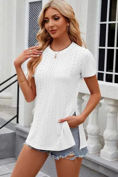 Eyelet Slit Round Neck Short Sleeve T-Shirt Women's T-Shirts - Tophatter Daily Deals